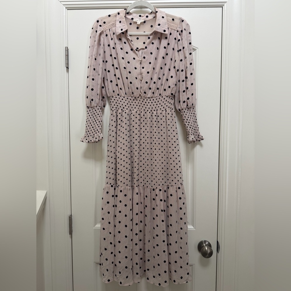 By The River Long Sleeve Collared Cream & Black Polka Dot Midi Dress, Size S